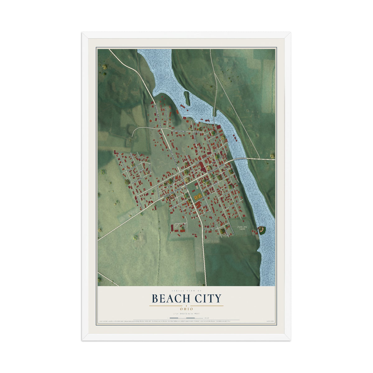 Map of Beach City, Ohio, 12 x 18 inch print in a white wood frame