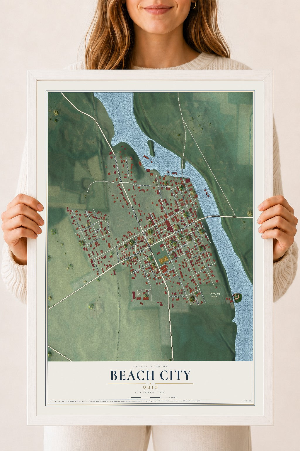 Map of Beach City, Ohio, 18 x 24 inch print in a white wood frame