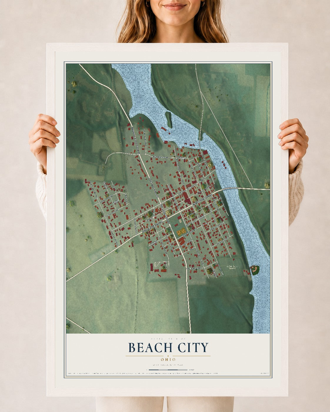 Map of Beach City, Ohio, 24 x 36 inch print in a white wood frame