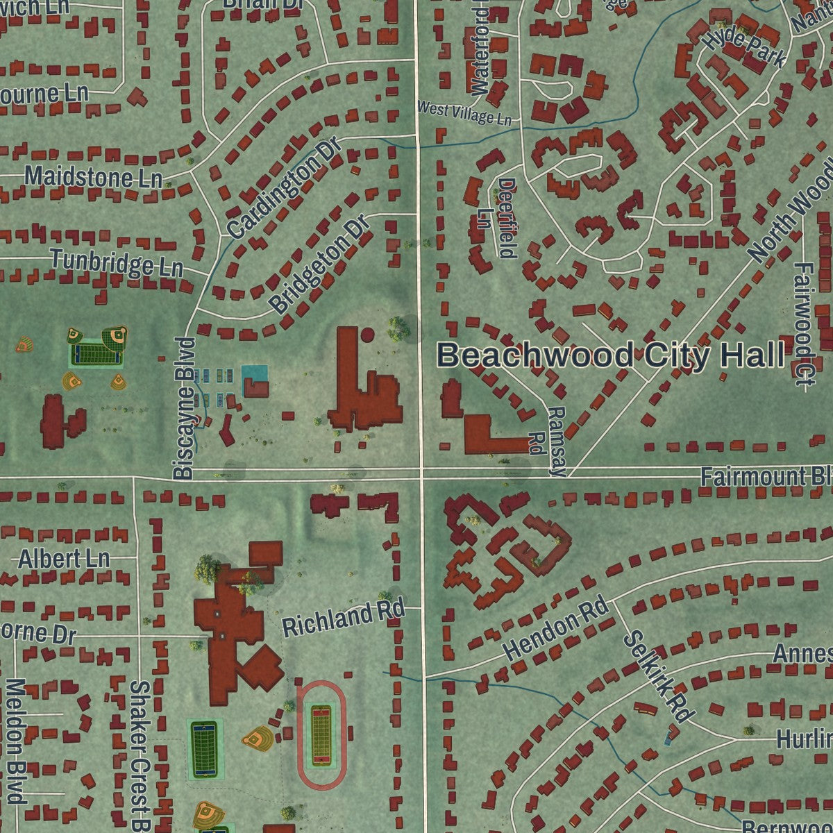 Second close-up of the map of Beachwood, Ohio print showing more streets and buildings