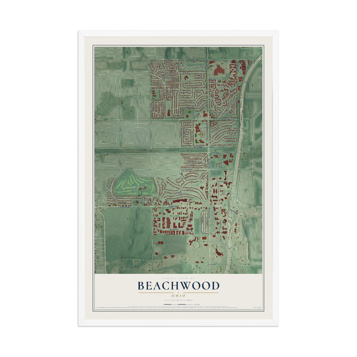 Map of Beachwood, Ohio, 12 x 18 inch print in a white wood frame
