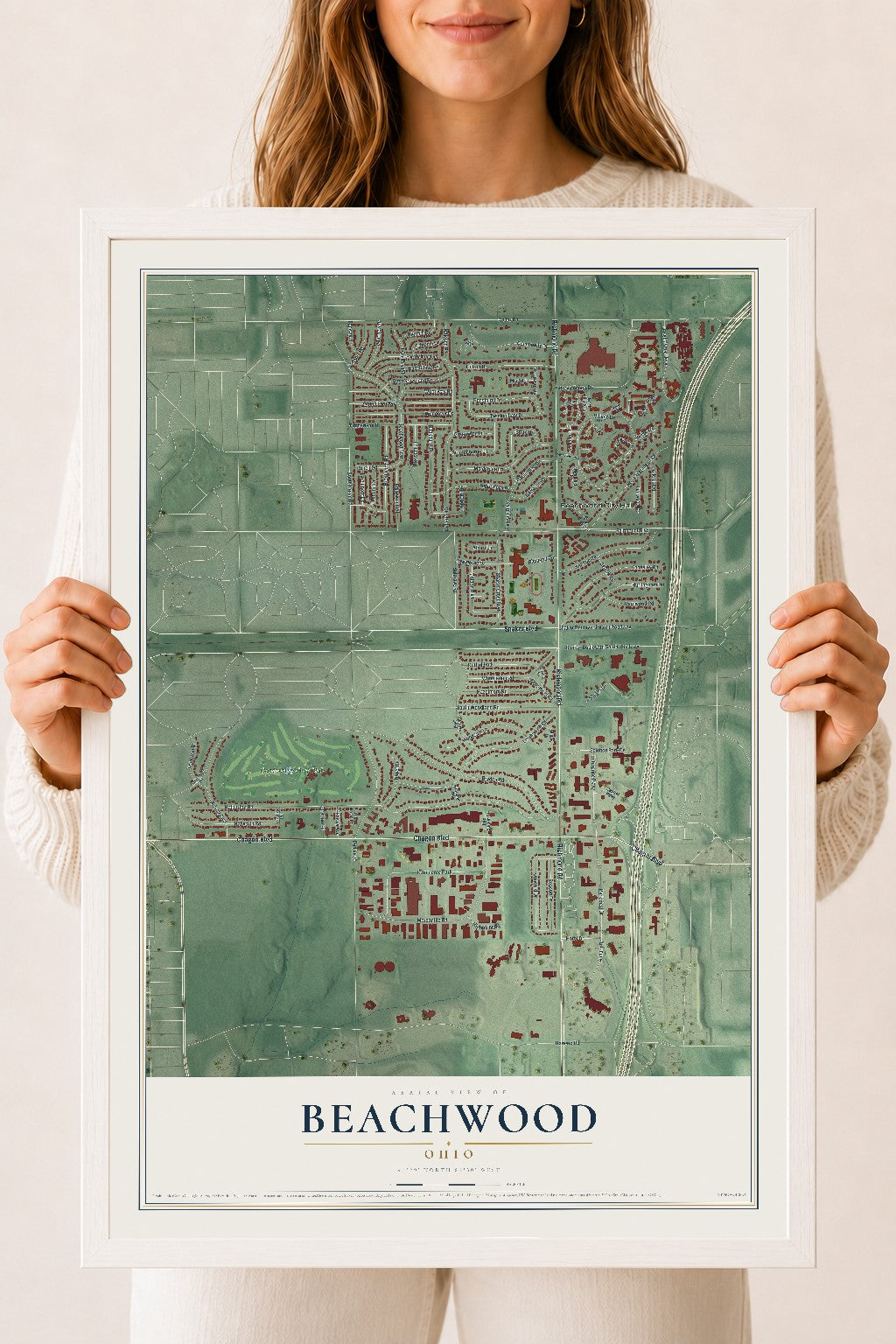 Map of Beachwood, Ohio, 18 x 24 inch print in a white wood frame