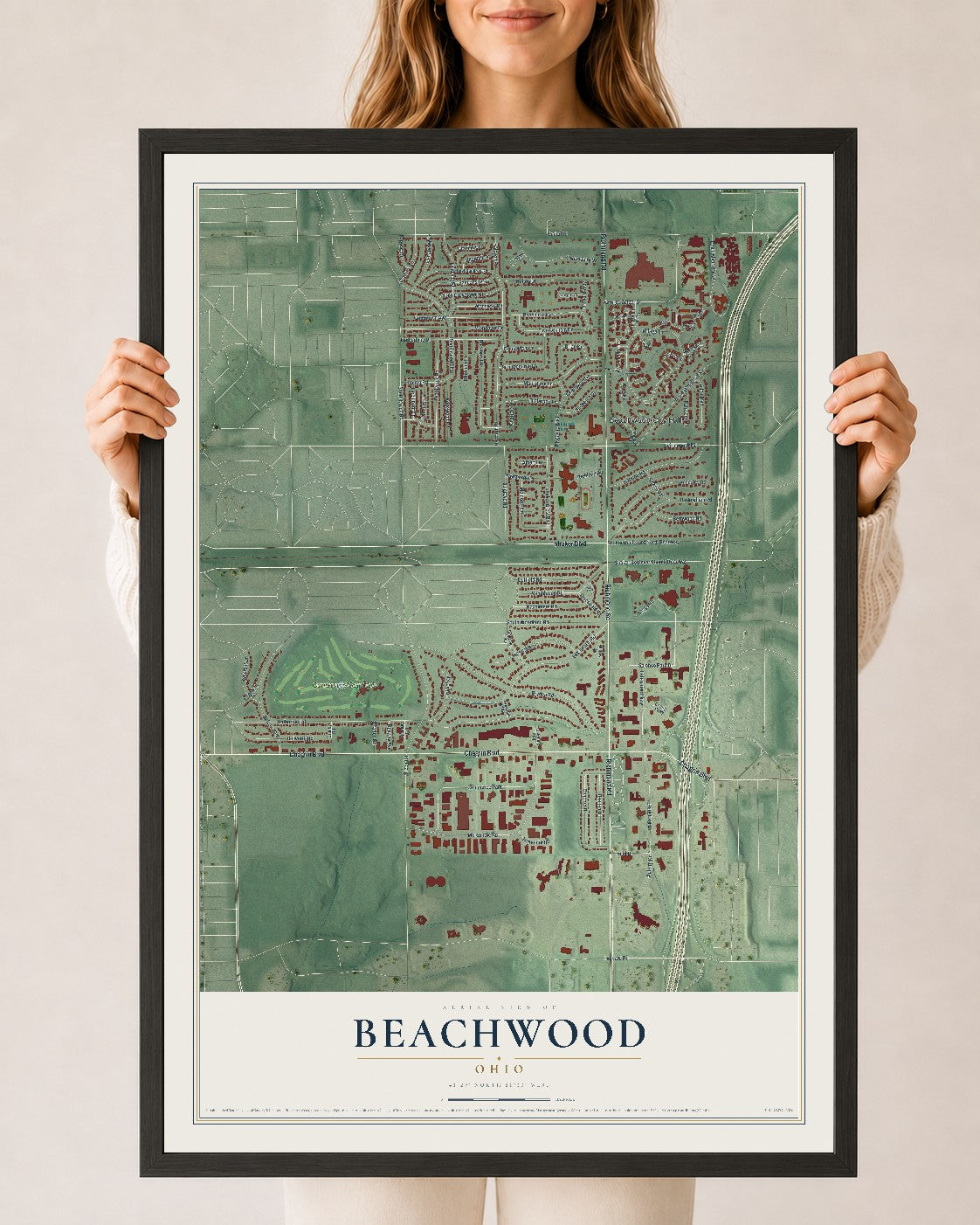 Map of Beachwood, Ohio, 24 x 36 inch print in a black wood frame