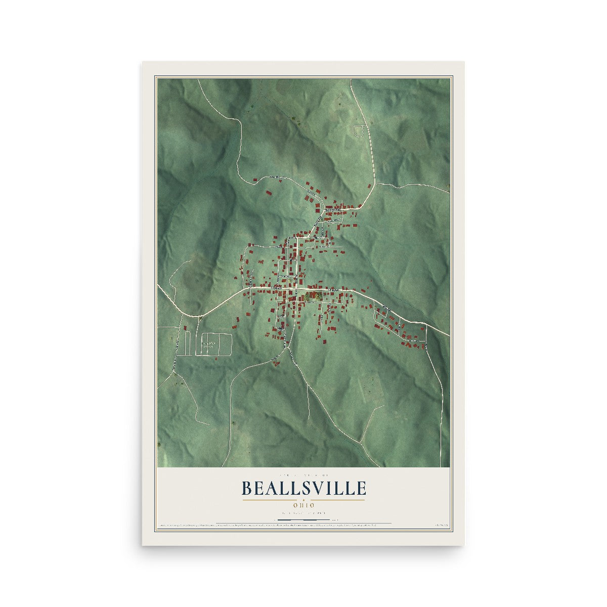 Map of Beallsville, Ohio, 12 x 18 inch unframed archival matte print