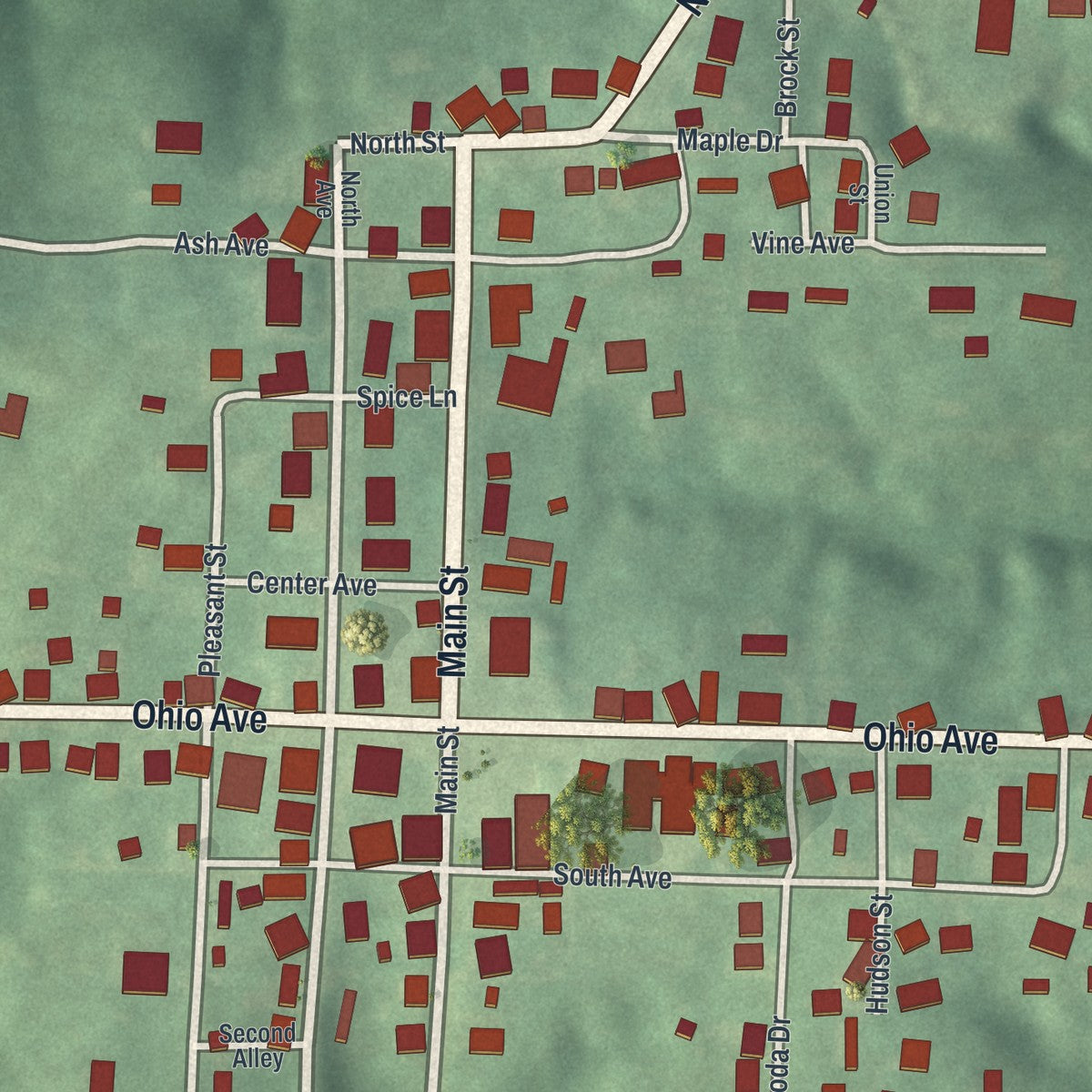 Close-up of the map of Beallsville, Ohio print showing street and building detail
