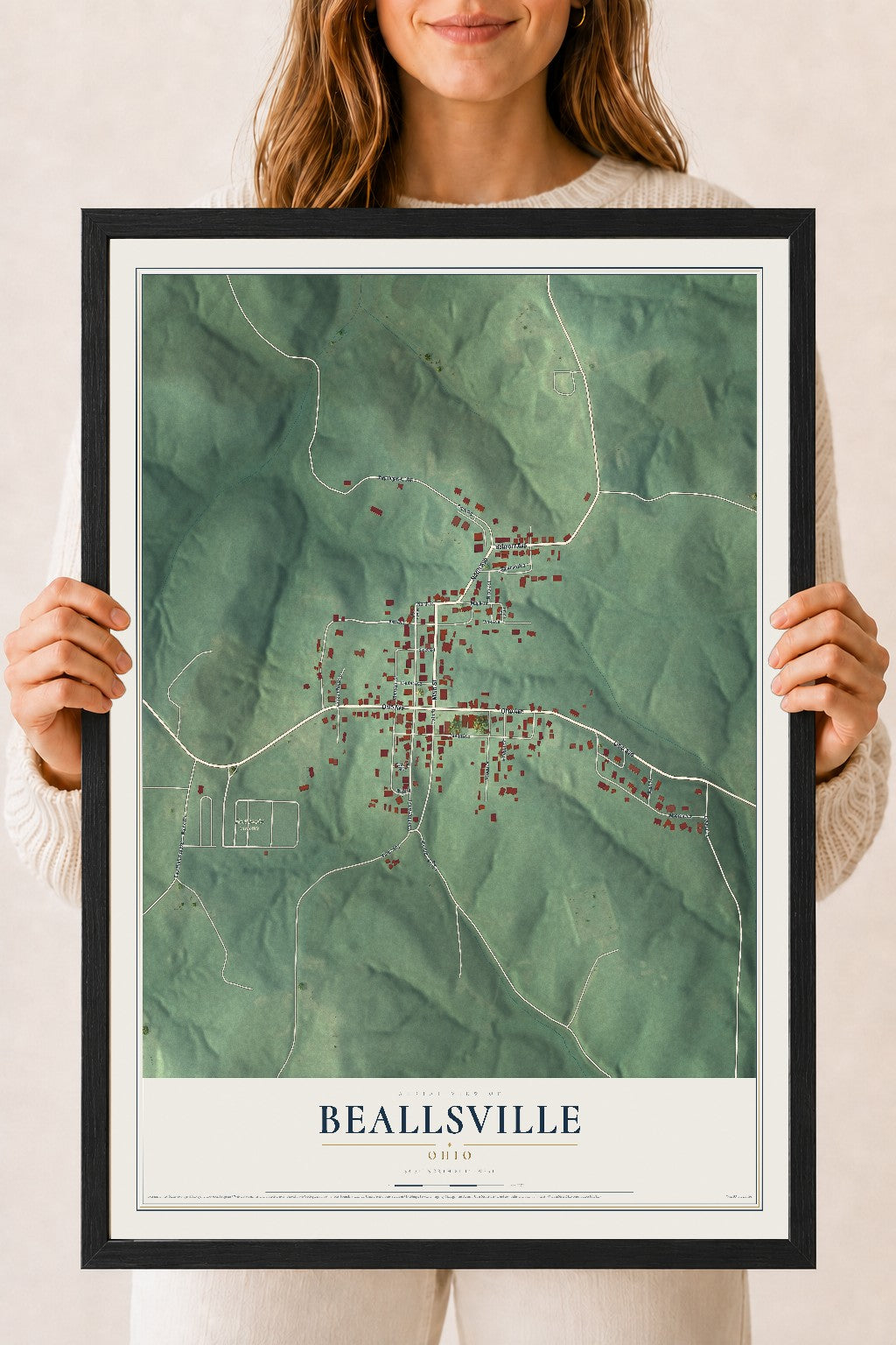 Map of Beallsville, Ohio, 18 x 24 inch print in a black wood frame