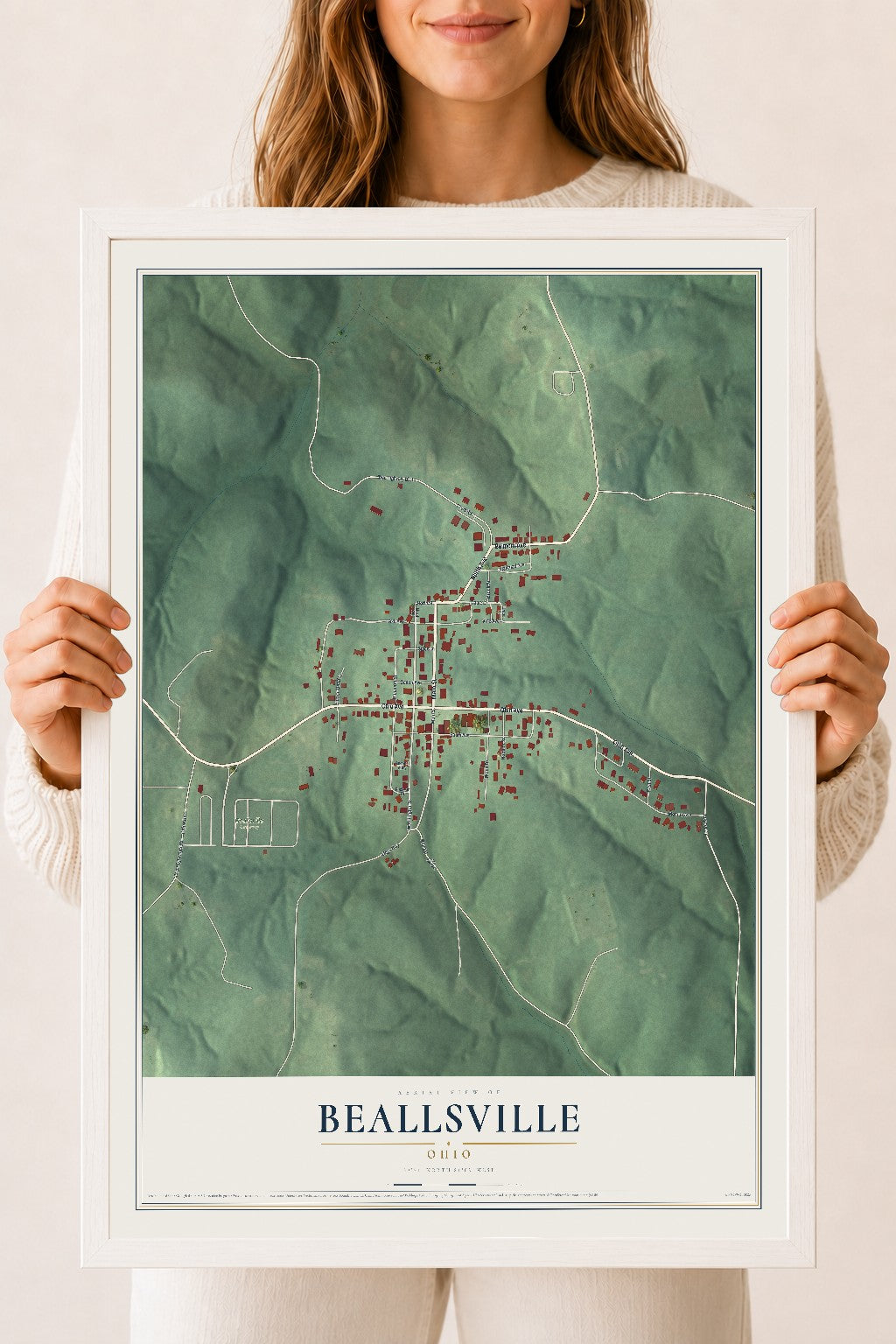 Map of Beallsville, Ohio, 18 x 24 inch print in a white wood frame