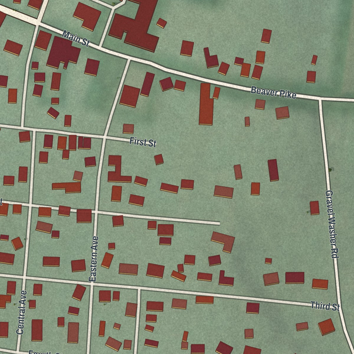 Close-up of the map of Beaver, Ohio print showing street and building detail