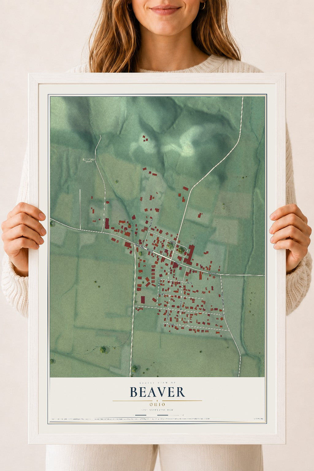 Map of Beaver, Ohio, 18 x 24 inch print in a white wood frame