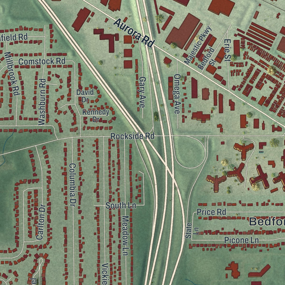 Close-up of the map of Bedford Heights, Ohio print showing street and building detail