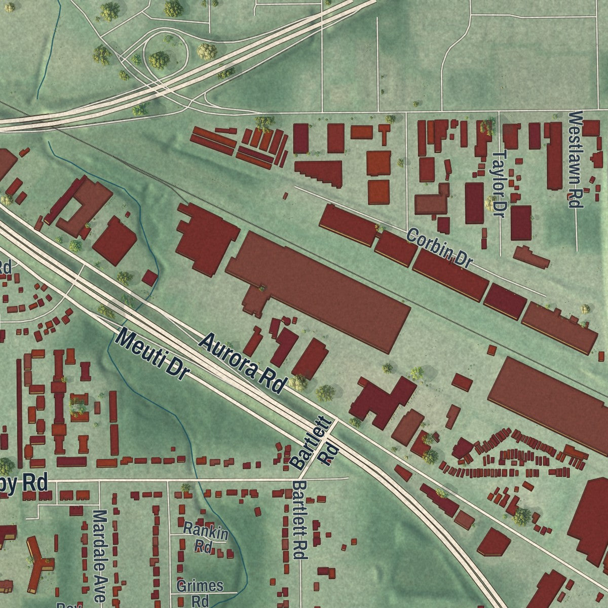 Second close-up of the map of Bedford Heights, Ohio print showing more streets and buildings
