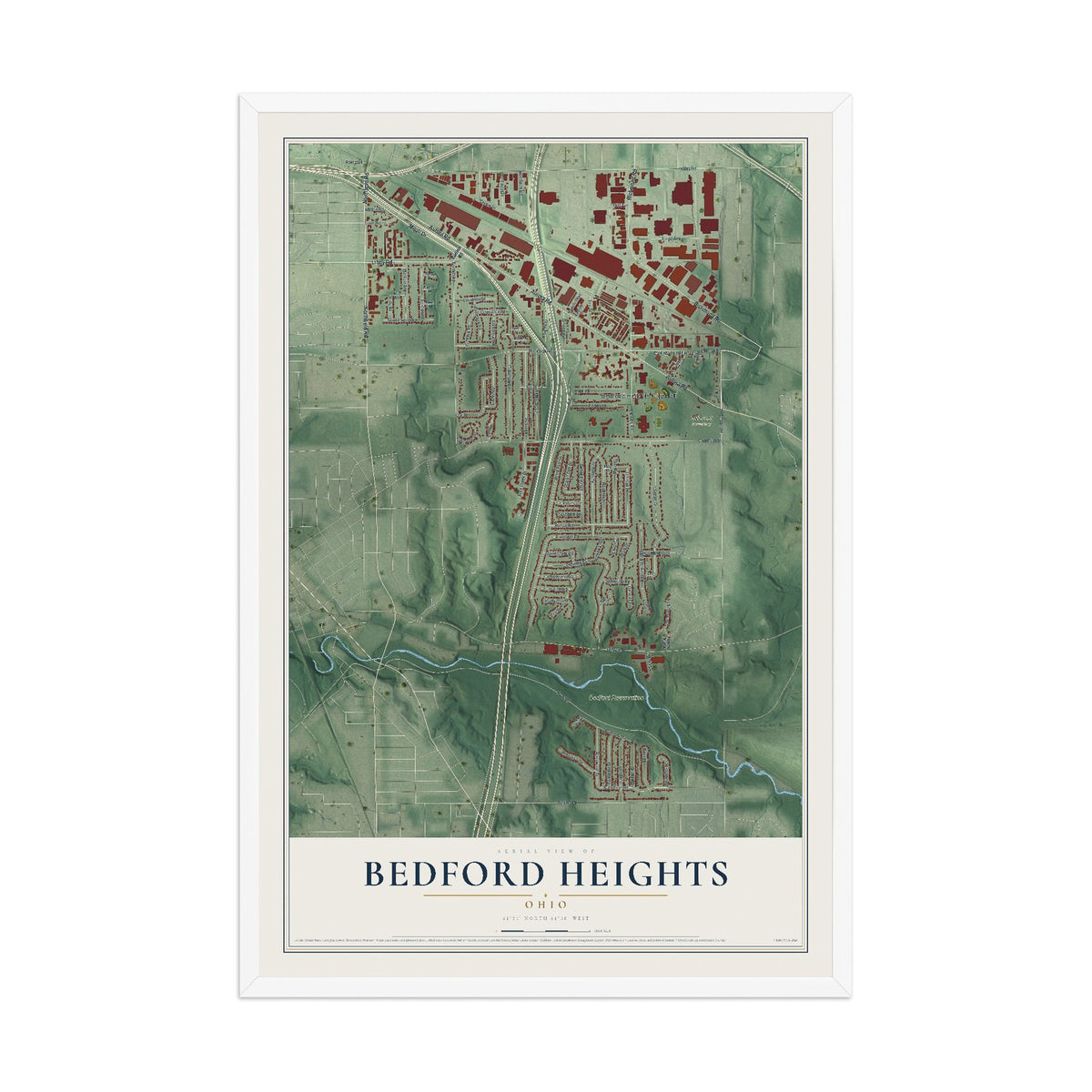 Map of Bedford Heights, Ohio, 12 x 18 inch print in a white wood frame