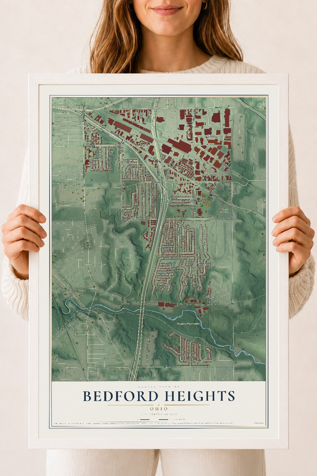 Map of Bedford Heights, Ohio, 18 x 24 inch print in a white wood frame