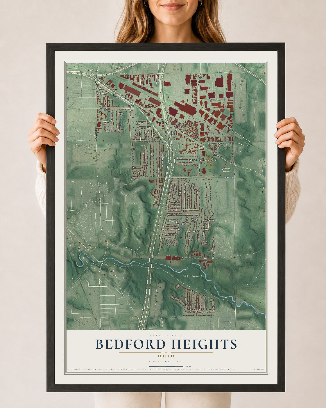 Map of Bedford Heights, Ohio, 24 x 36 inch print in a black wood frame