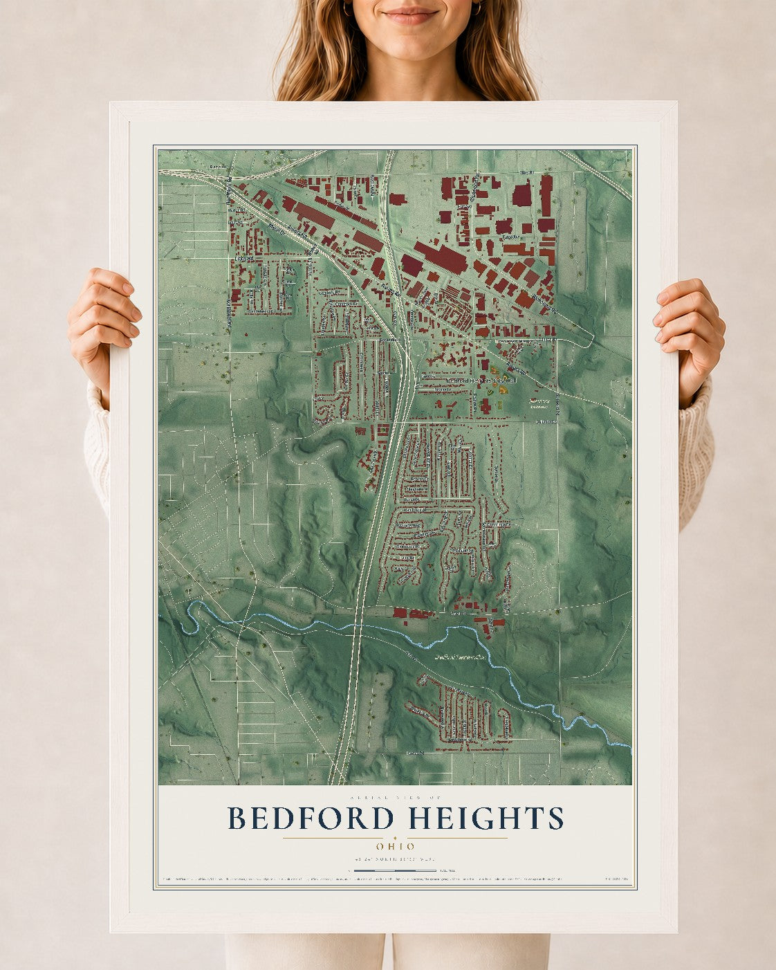 Map of Bedford Heights, Ohio, 24 x 36 inch print in a white wood frame