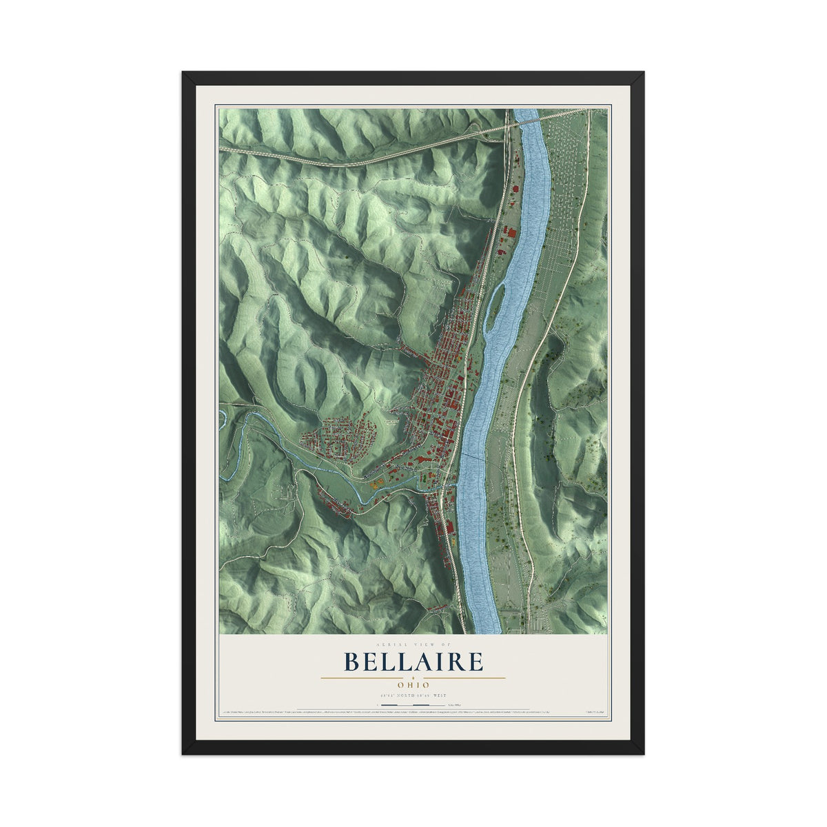 Map of Bellaire, Ohio, 12 x 18 inch print in a black wood frame