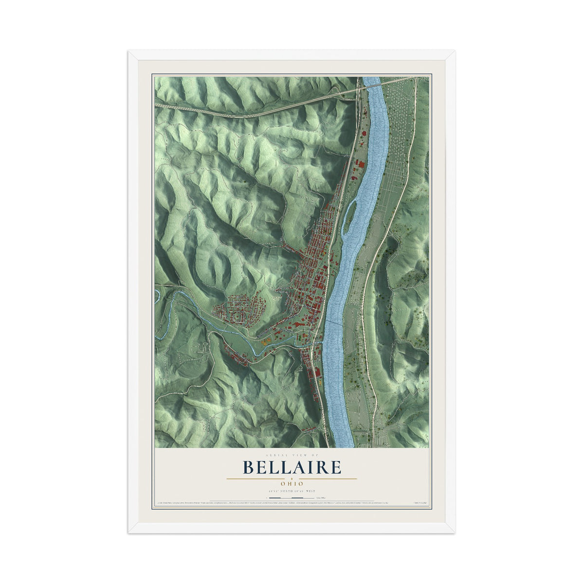 Map of Bellaire, Ohio, 12 x 18 inch print in a white wood frame