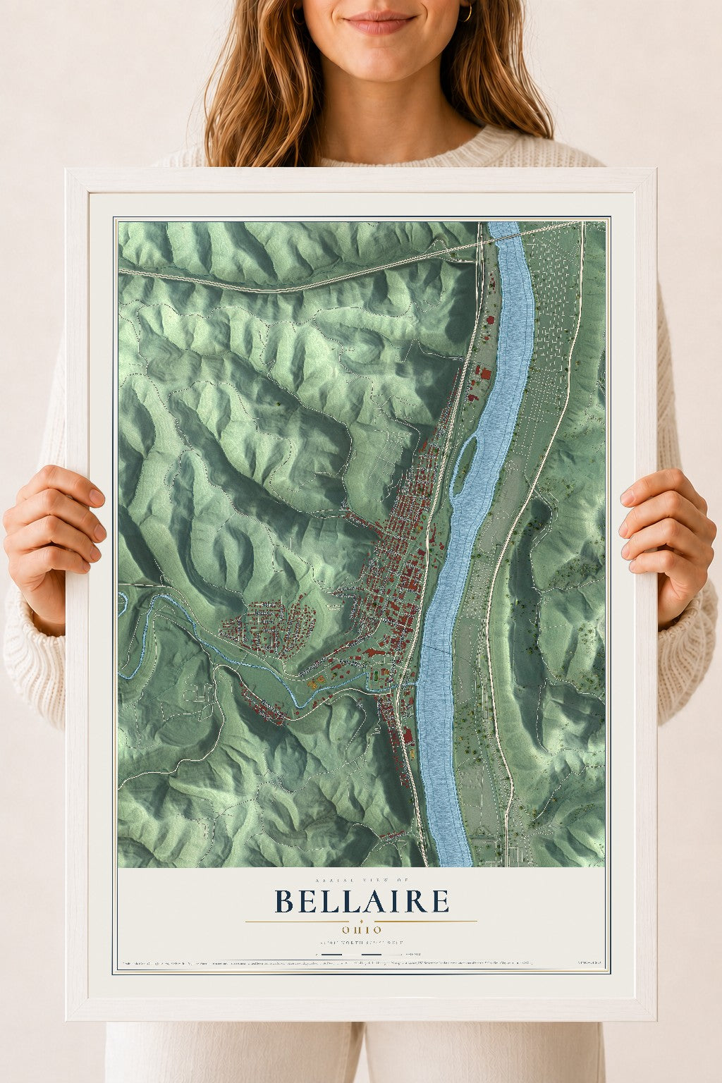 Map of Bellaire, Ohio, 18 x 24 inch print in a white wood frame
