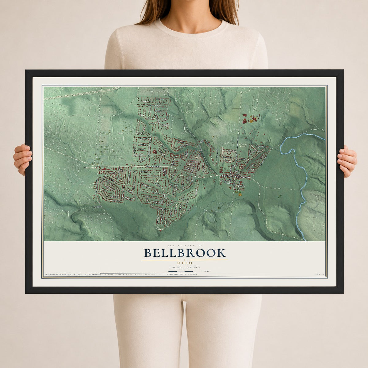 Map of Bellbrook, Ohio, 24 x 36 inch print in a black wood frame