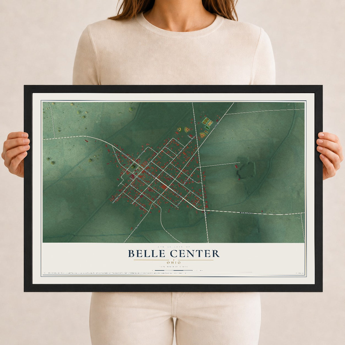 Map of Belle Center, Ohio, 12 x 18 inch print in a black wood frame