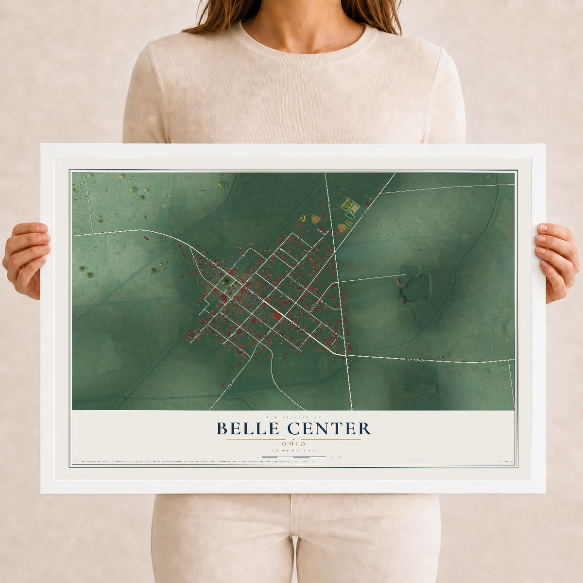 Map of Belle Center, Ohio, 12 x 18 inch print in a white wood frame