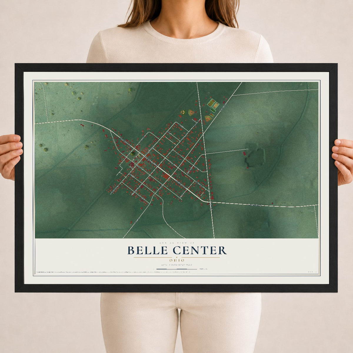 Map of Belle Center, Ohio, 18 x 24 inch print in a black wood frame
