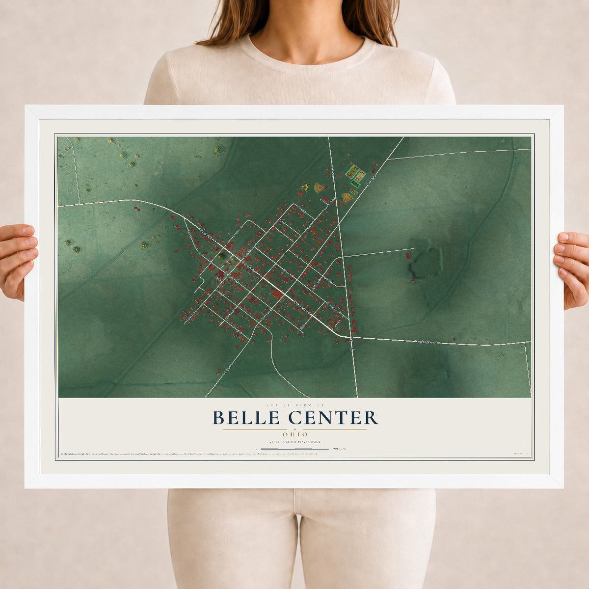 Map of Belle Center, Ohio, 18 x 24 inch print in a white wood frame