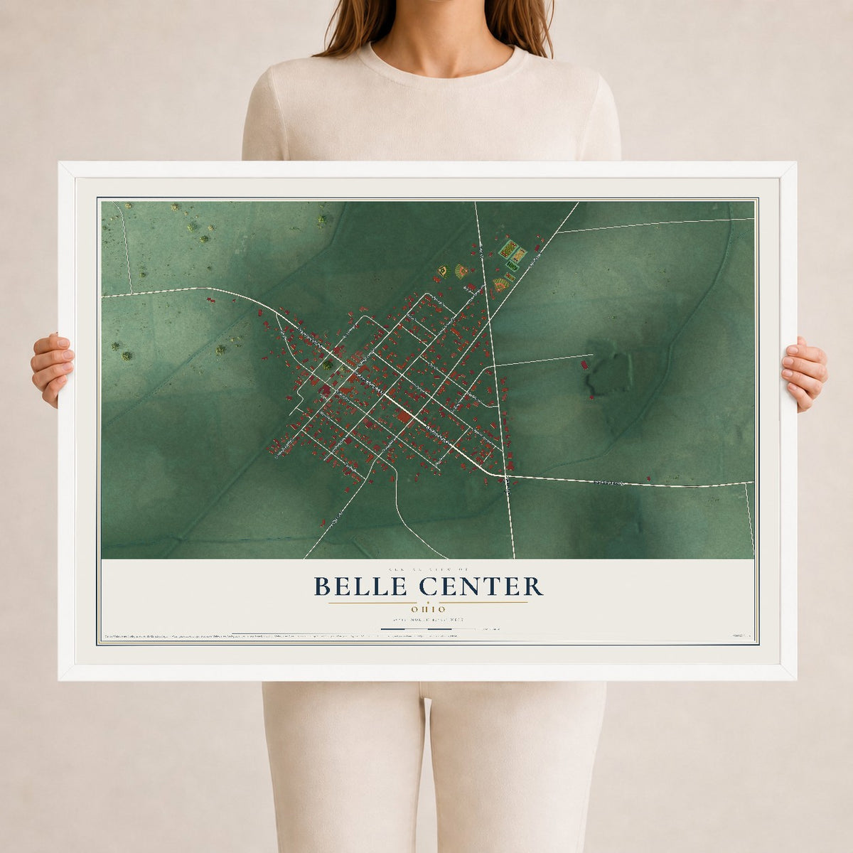 Map of Belle Center, Ohio, 24 x 36 inch print in a white wood frame