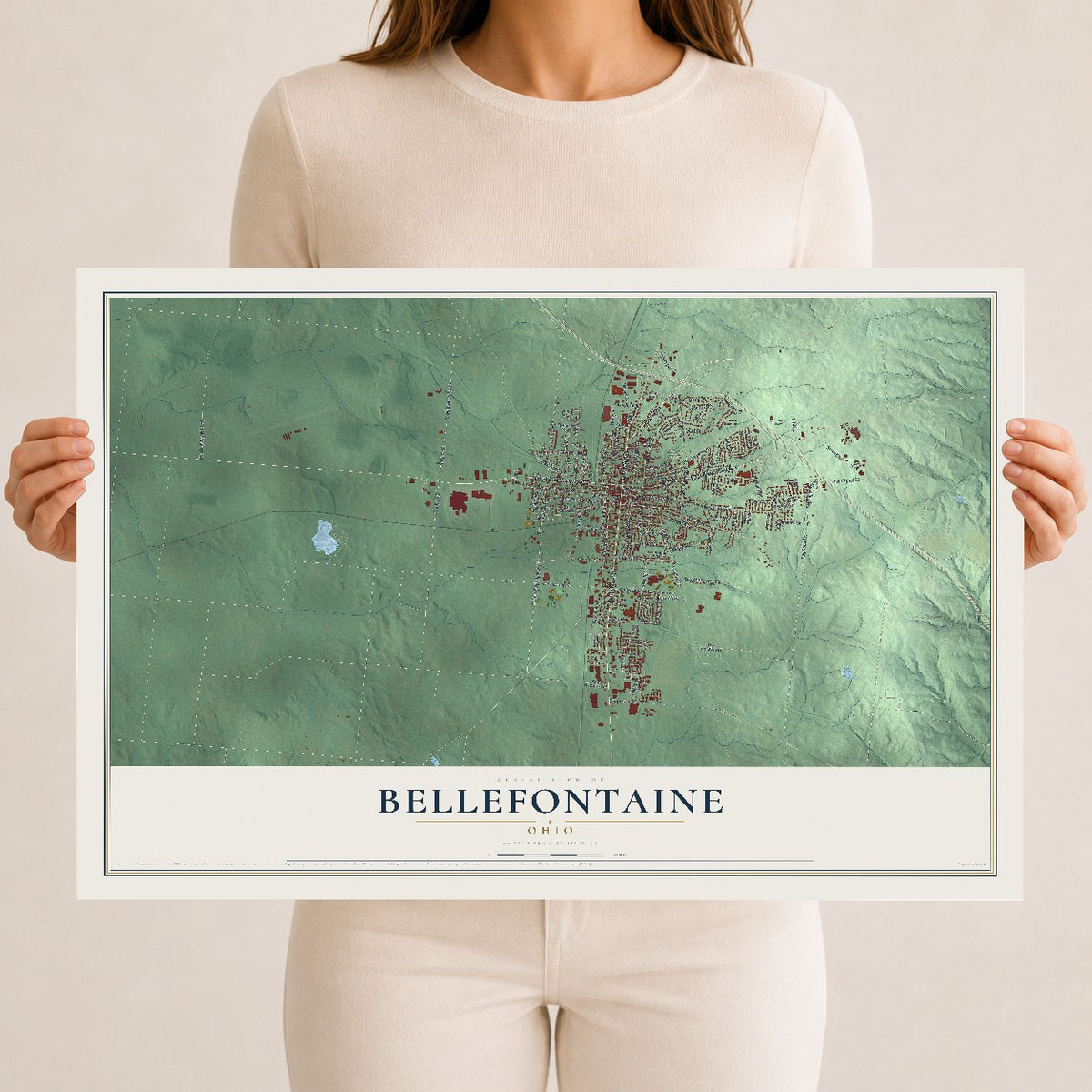 Map of Bellefontaine, Ohio, 12 x 18 inch unframed archival matte print
