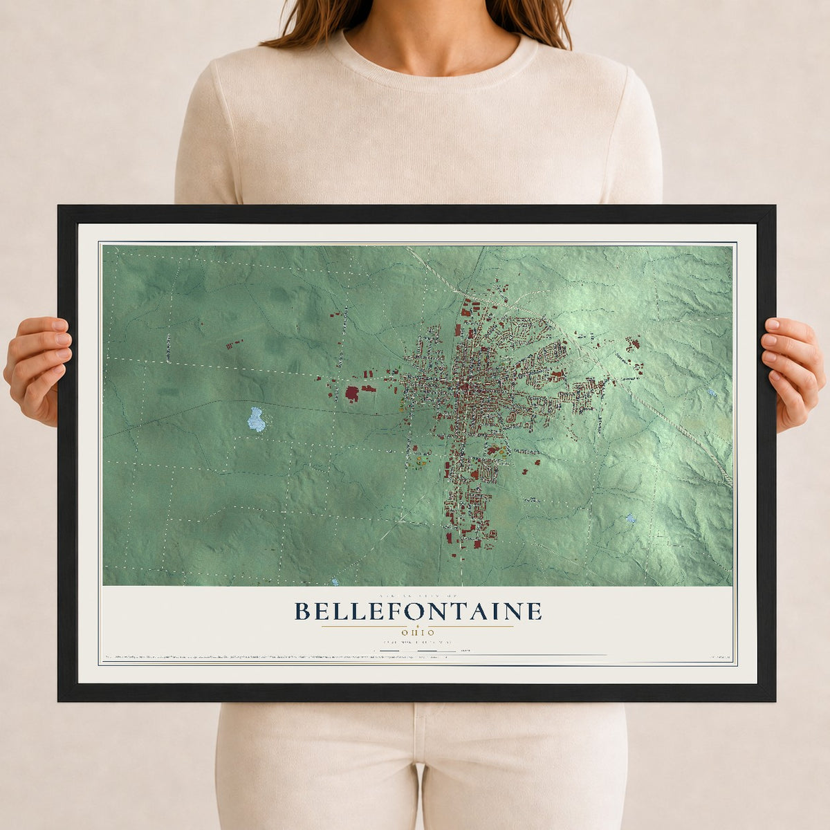 Map of Bellefontaine, Ohio, 12 x 18 inch print in a black wood frame