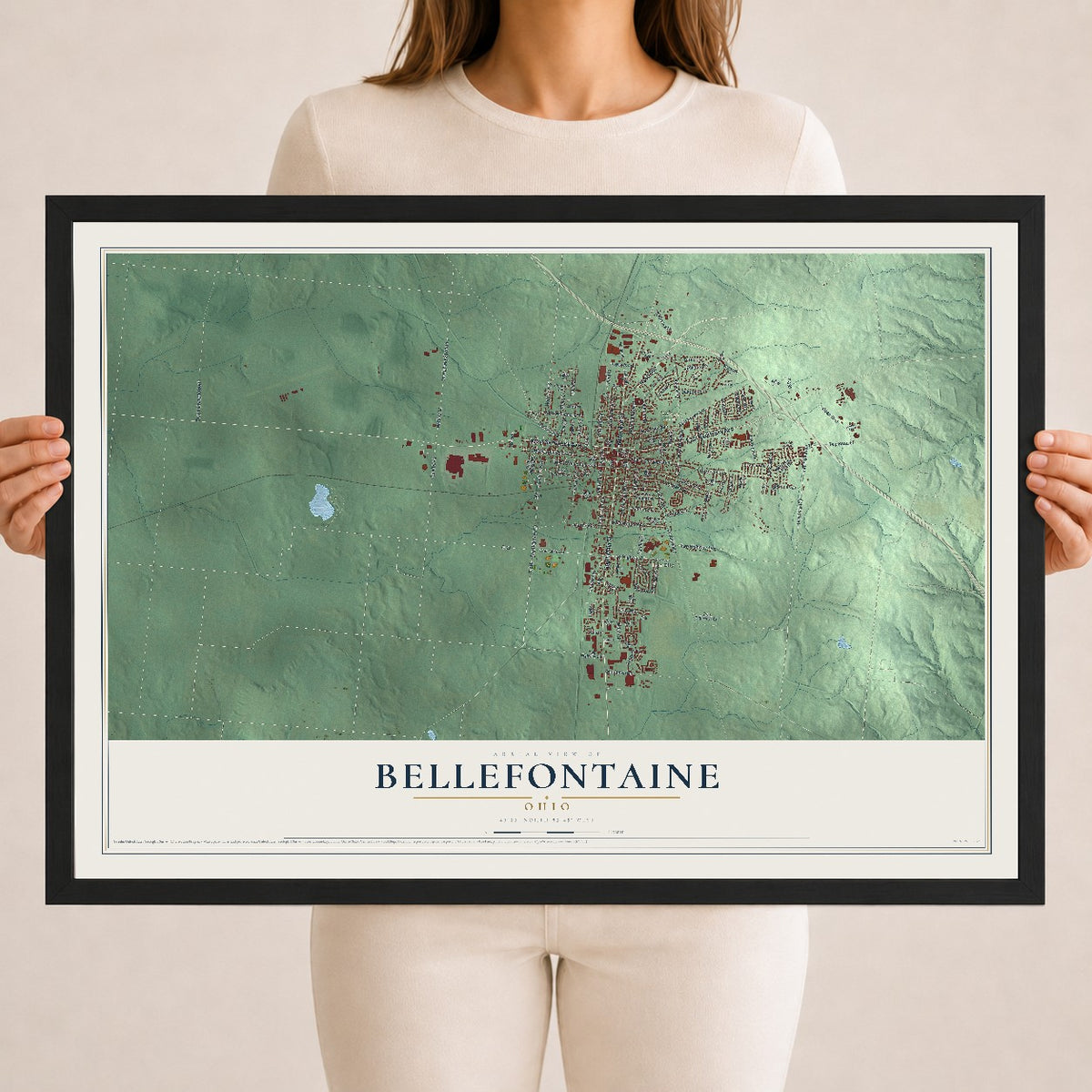 Map of Bellefontaine, Ohio, 18 x 24 inch print in a black wood frame
