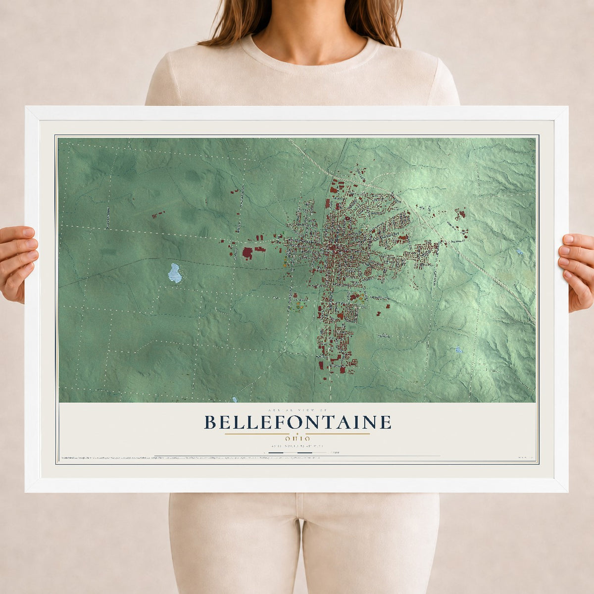 Map of Bellefontaine, Ohio, 18 x 24 inch print in a white wood frame