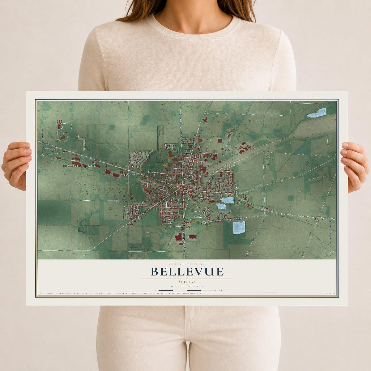 Map of Bellevue, Ohio, 12 x 18 inch unframed archival matte print