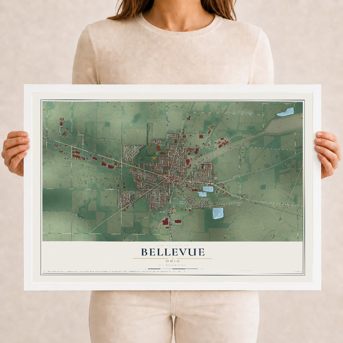 Map of Bellevue, Ohio, 12 x 18 inch print in a white wood frame