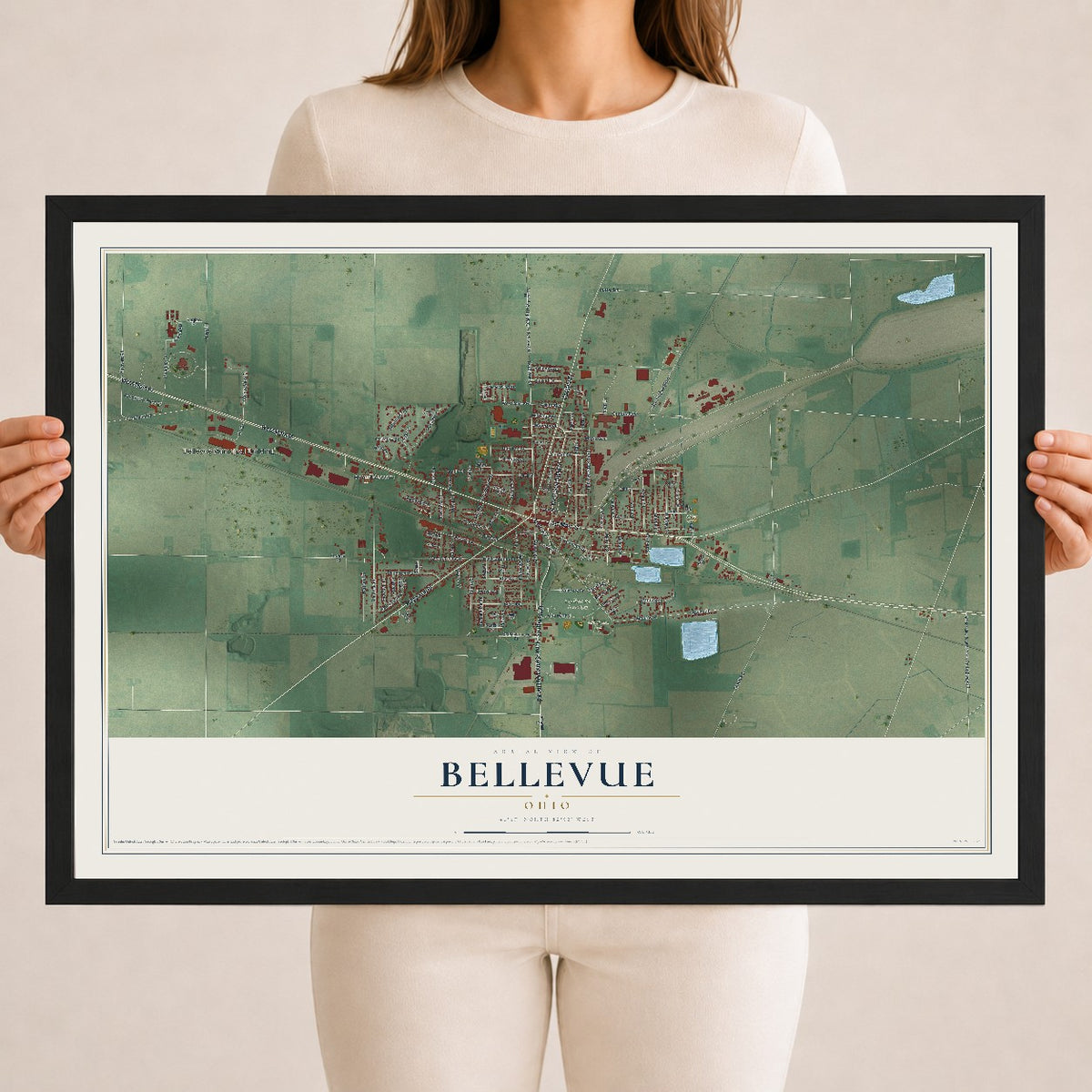 Map of Bellevue, Ohio, 18 x 24 inch print in a black wood frame