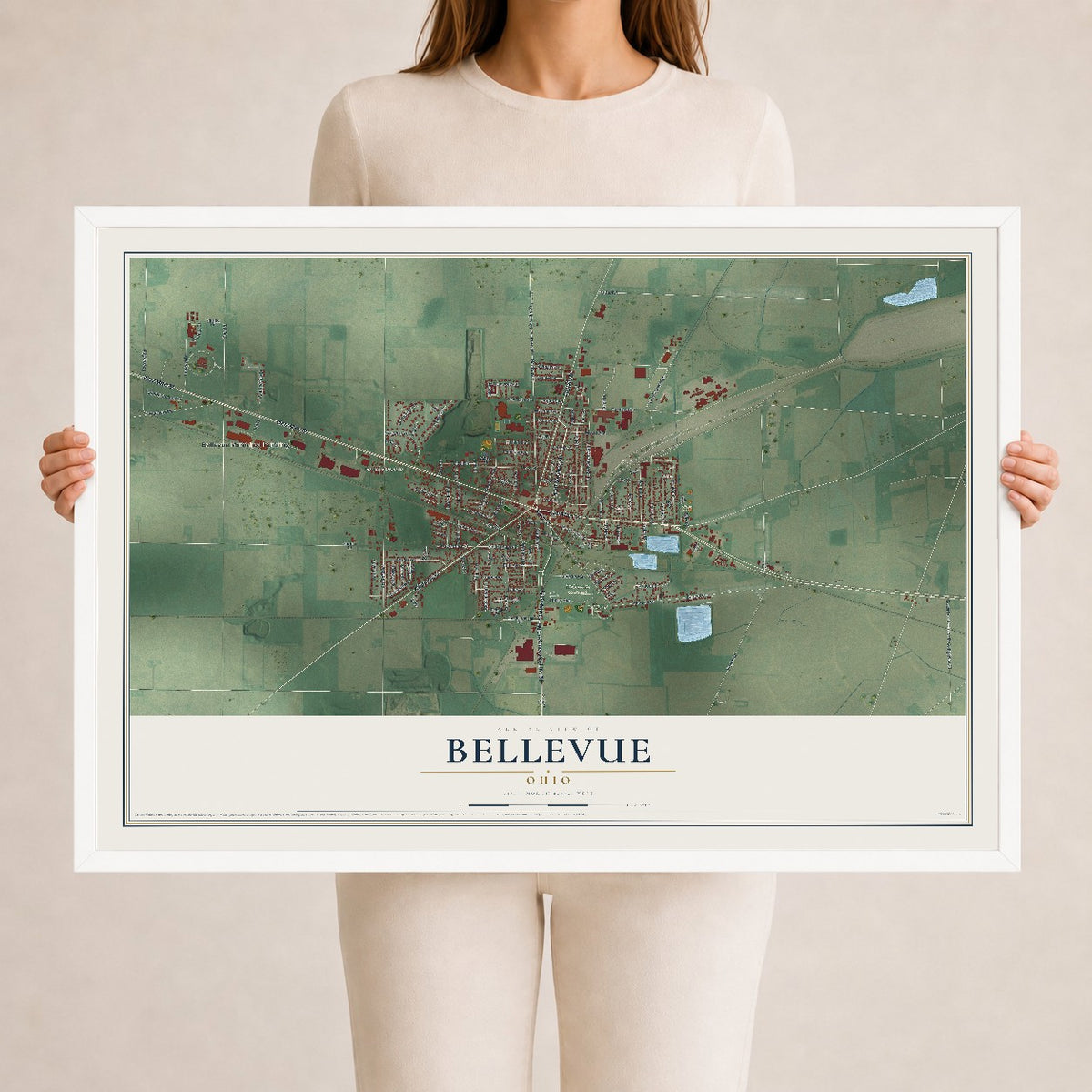 Map of Bellevue, Ohio, 24 x 36 inch print in a white wood frame