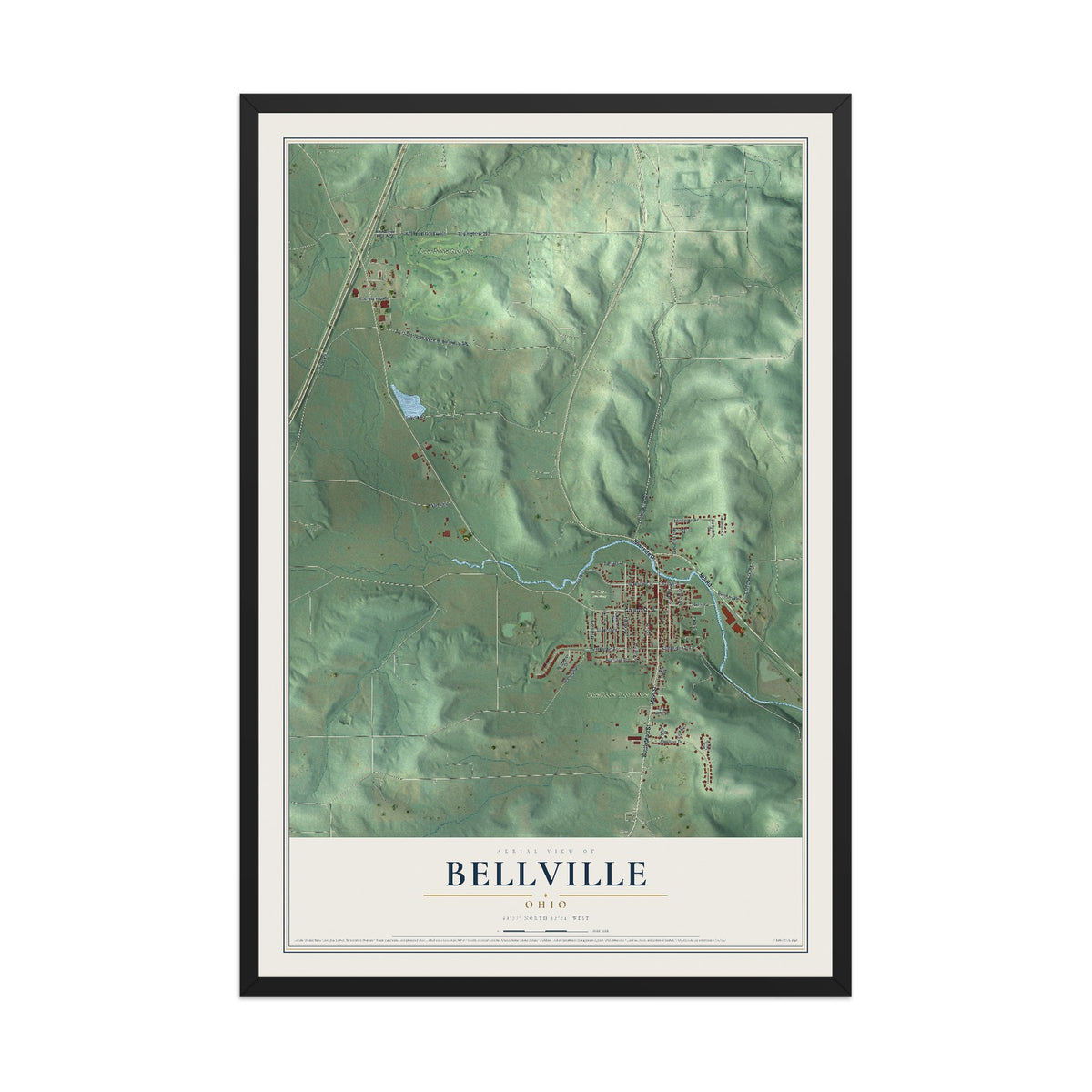 Map of Bellville, Ohio, 12 x 18 inch print in a black wood frame