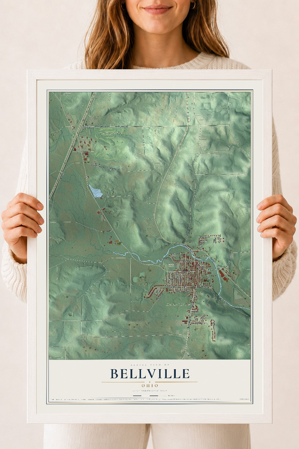 Map of Bellville, Ohio, 18 x 24 inch print in a white wood frame