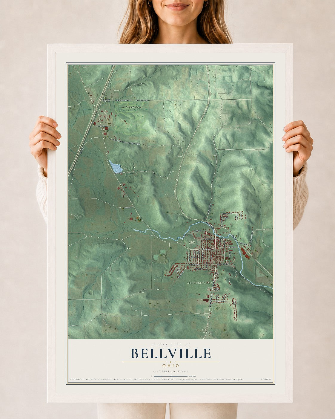 Map of Bellville, Ohio, 24 x 36 inch print in a white wood frame