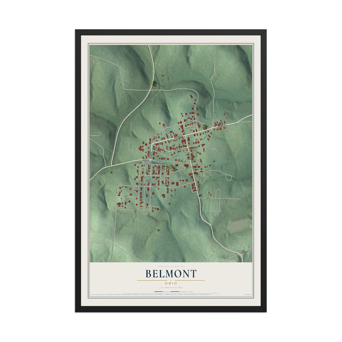 Map of Belmont, Ohio, 12 x 18 inch print in a black wood frame