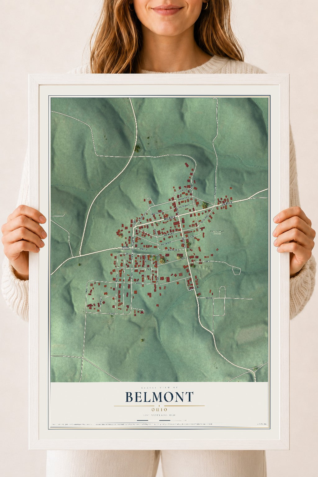 Map of Belmont, Ohio, 18 x 24 inch print in a white wood frame