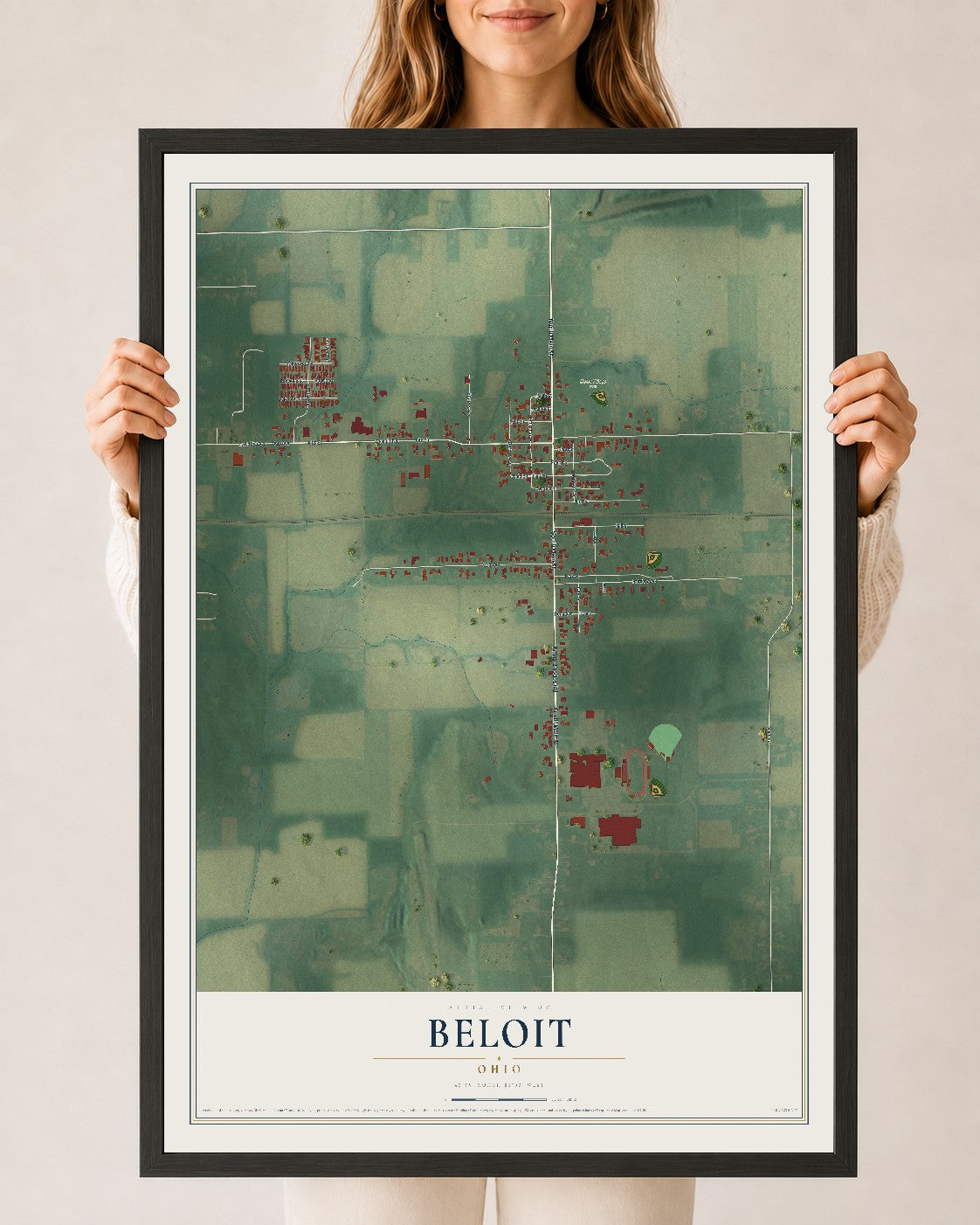 Map of Beloit, Ohio, 24 x 36 inch print in a black wood frame