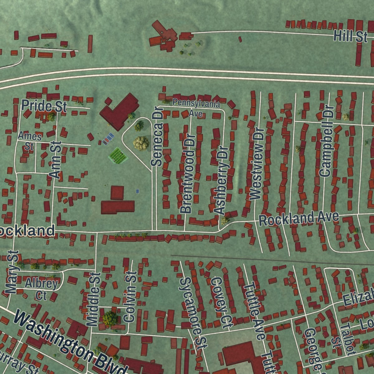 Close-up of the map of Belpre, Ohio print showing street and building detail