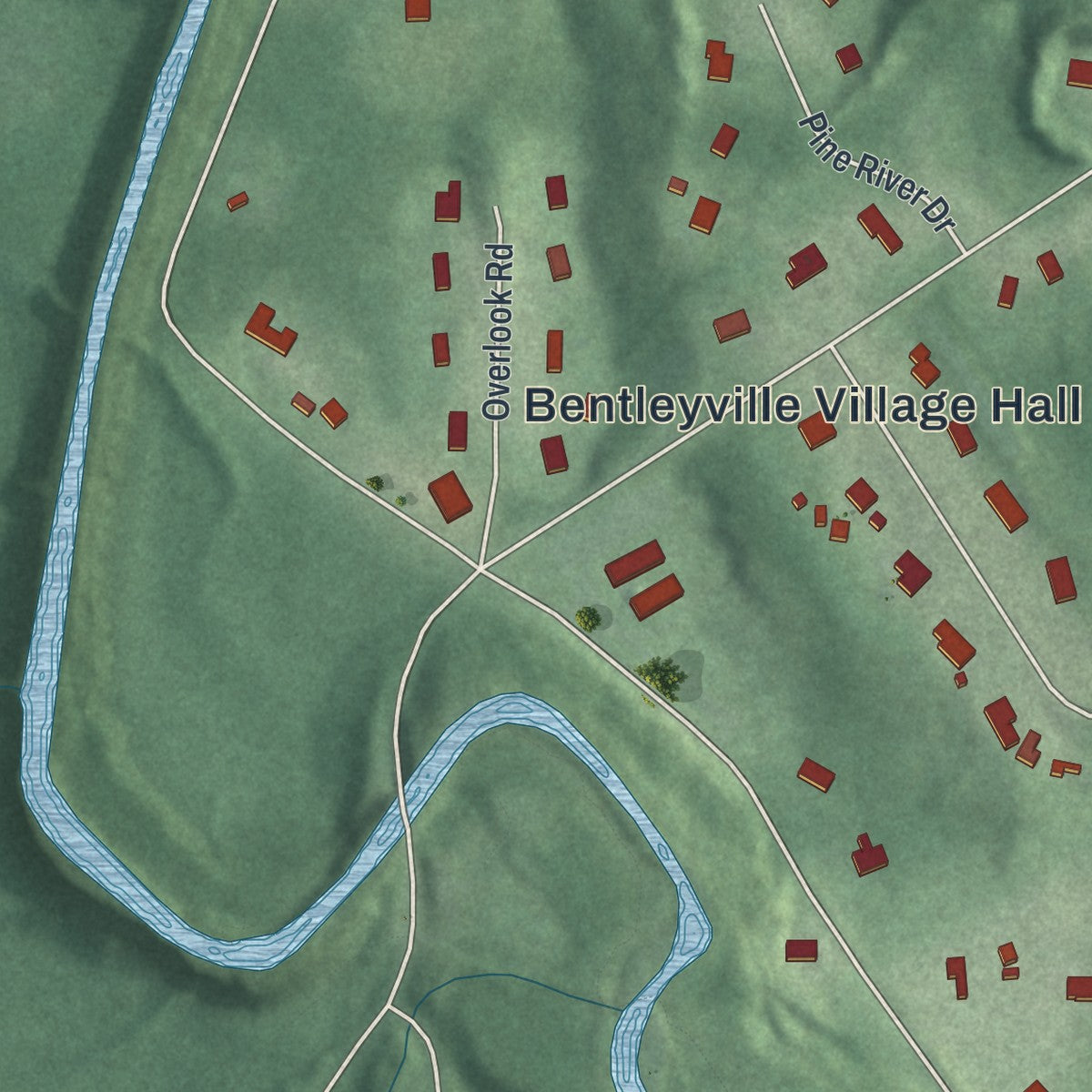 Close-up of the map of Bentleyville, Ohio print showing street and building detail