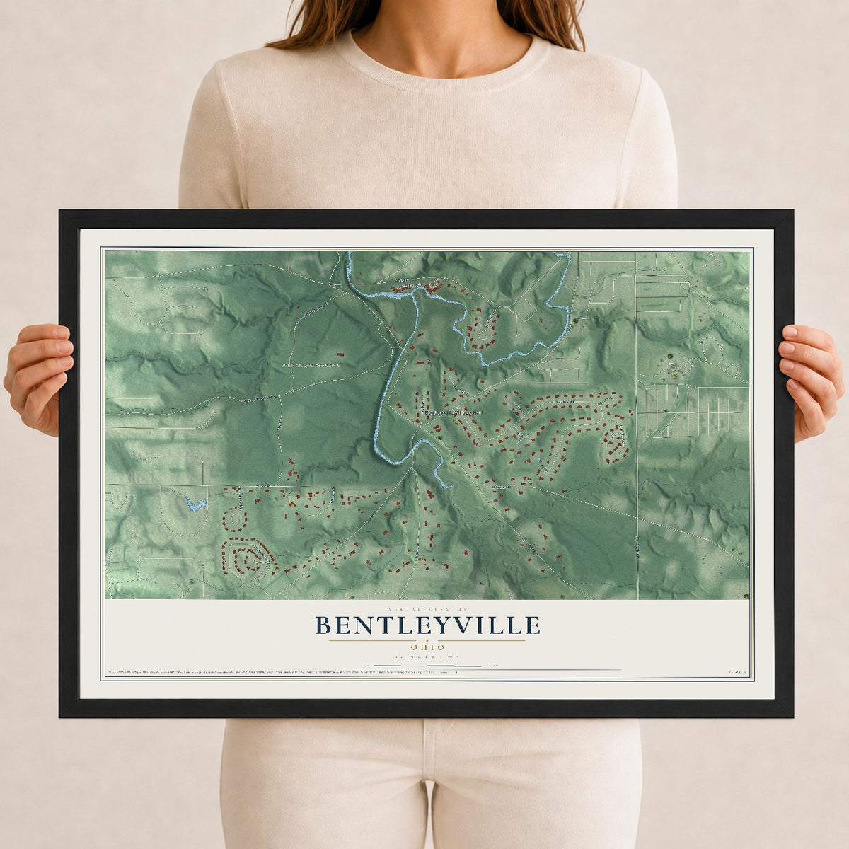 Map of Bentleyville, Ohio, 12 x 18 inch print in a black wood frame