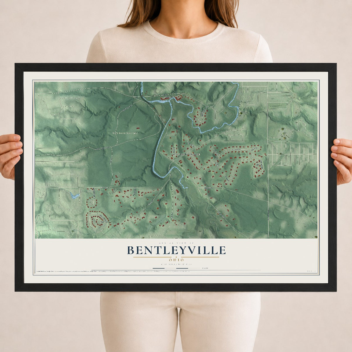 Map of Bentleyville, Ohio, 18 x 24 inch print in a black wood frame