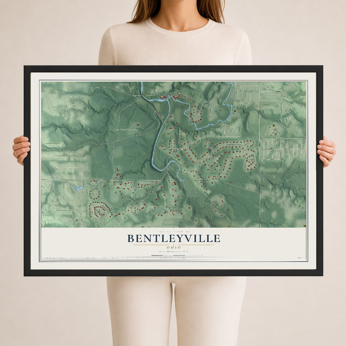 Map of Bentleyville, Ohio, 24 x 36 inch print in a black wood frame