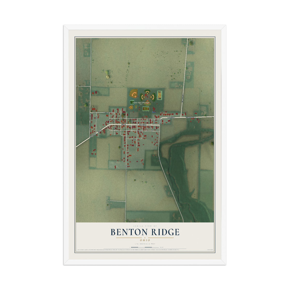 Map of Benton Ridge, Ohio, 12 x 18 inch print in a white wood frame