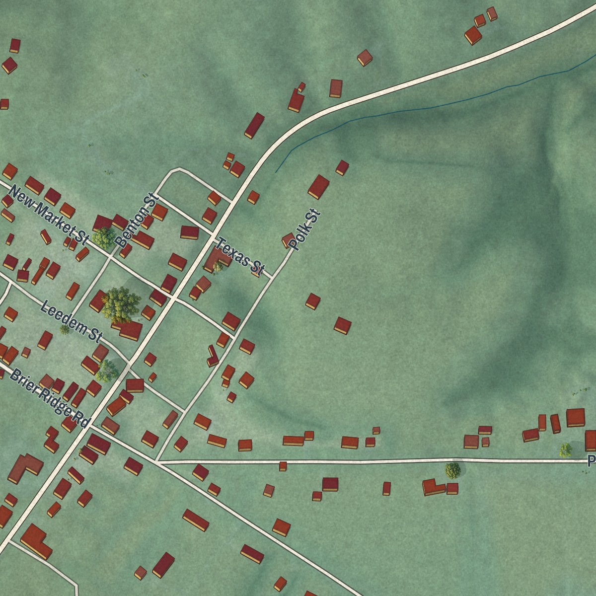 Close-up of the map of Bentonville, Ohio print showing street and building detail