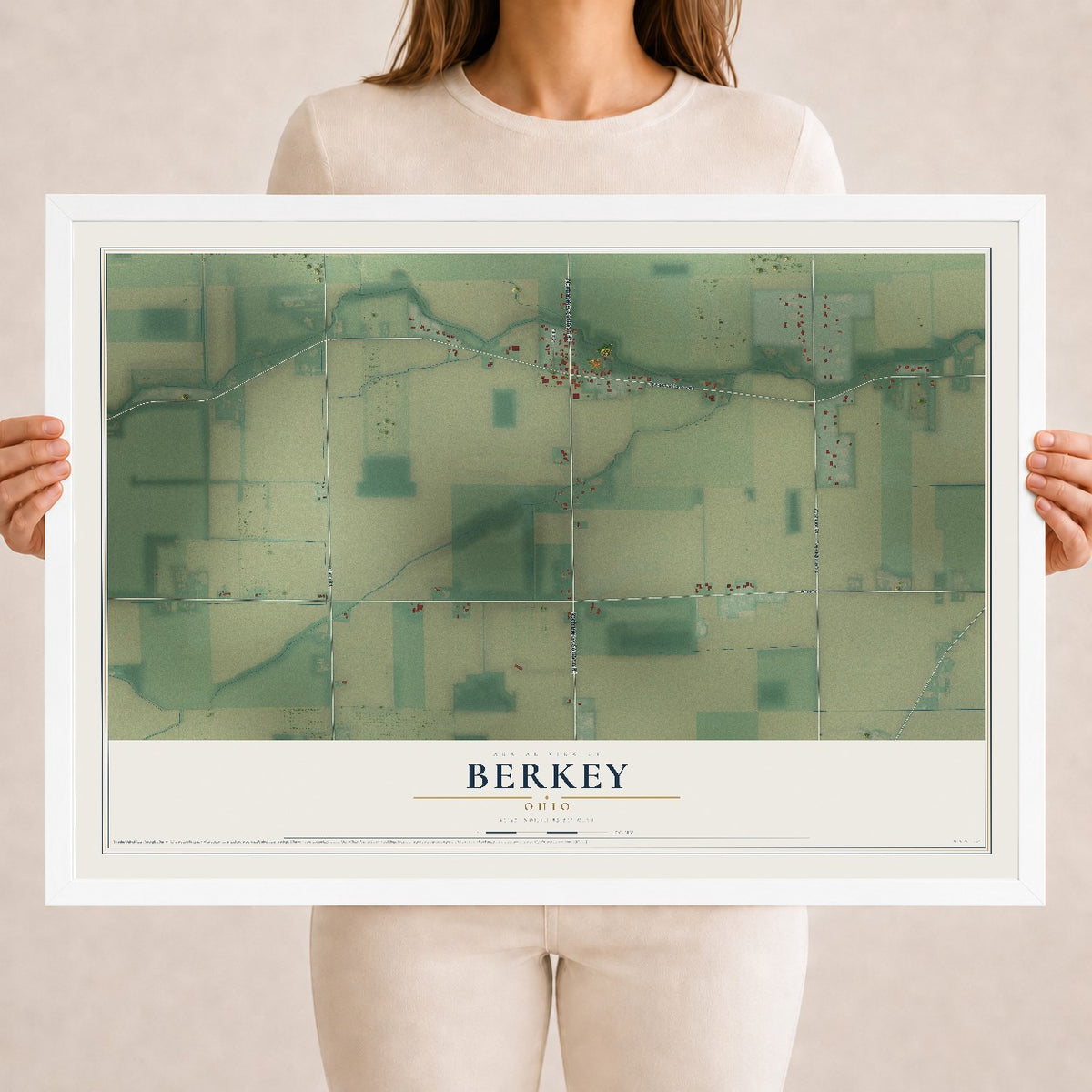 Map of Berkey, Ohio, 18 x 24 inch print in a white wood frame